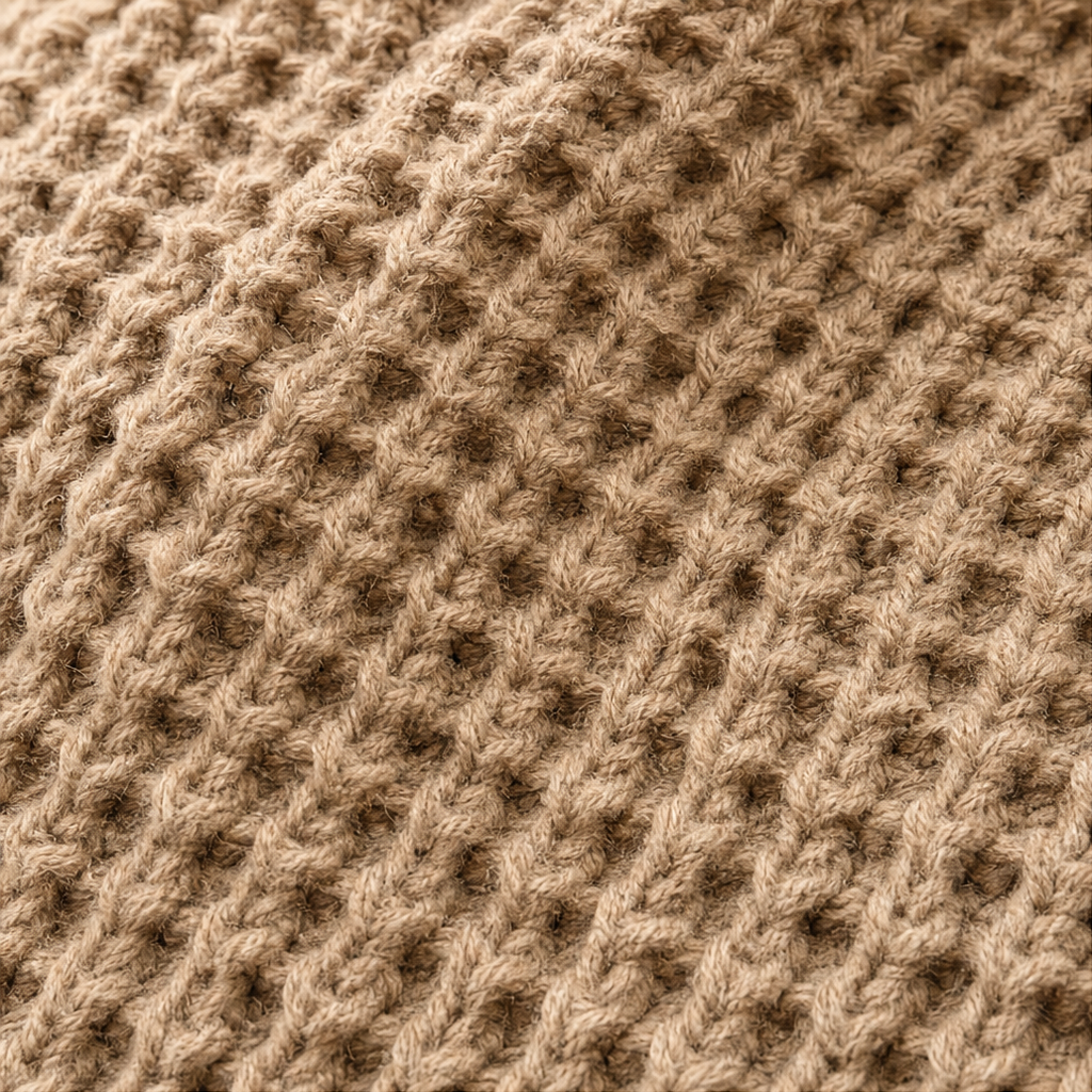 Close-up of the sweater’s textured taupe knit pattern.