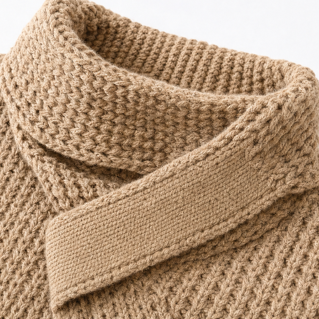 Detailed view of the sweater’s folded cowl neckline and overlapping fastening strap.