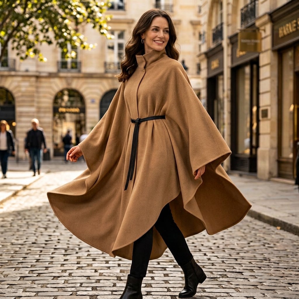 Camel belted cape coat with stand collar and flowing asymmetric front, styled with black leggings and boots on a city street.