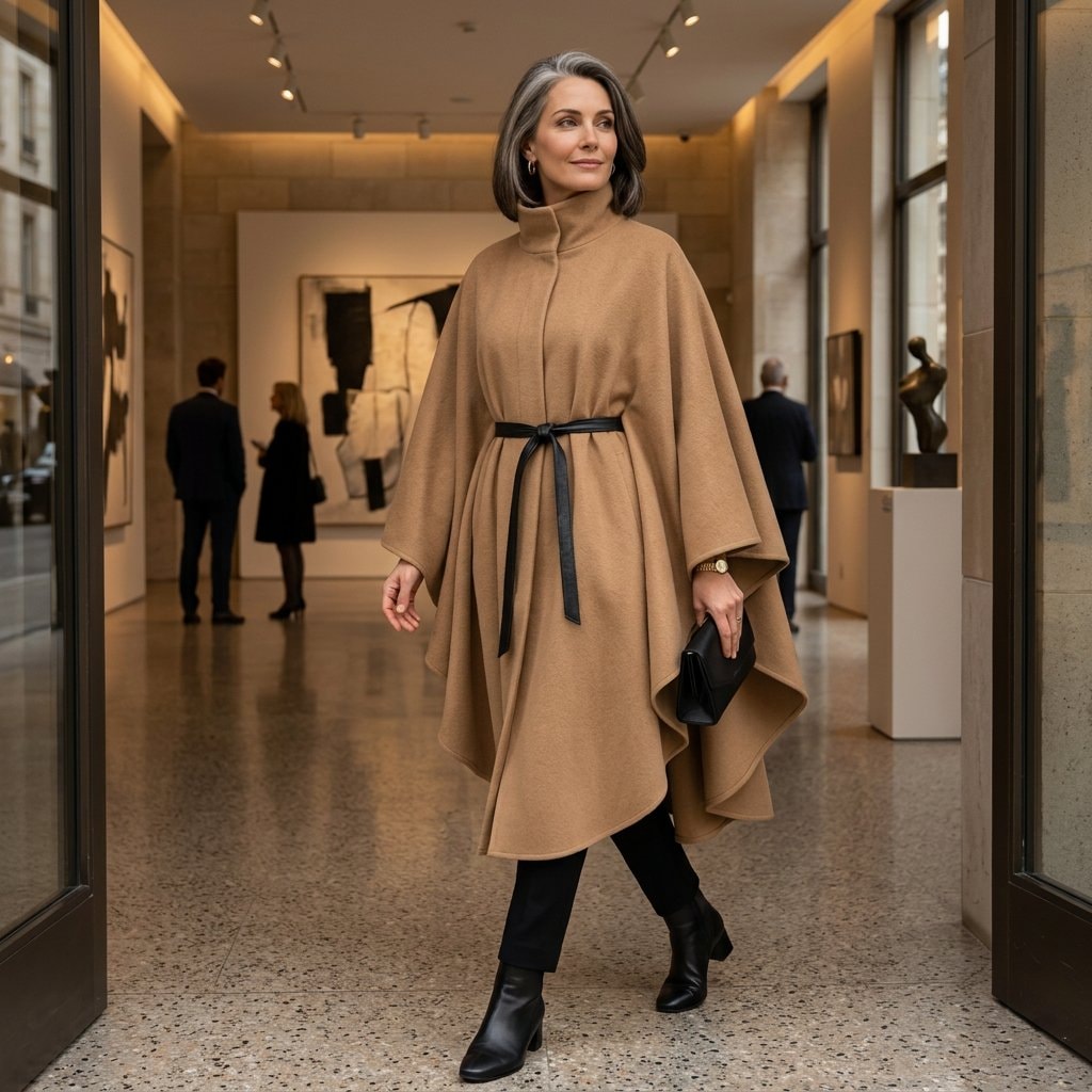 Camel cape coat shown indoors with its tied waist, high stand collar, layered front, and black handbag.
