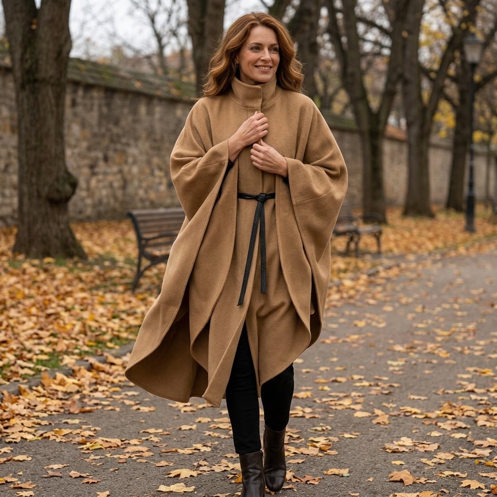 Camel cape coat worn closed at the neckline on an autumn park path, with the long tie belt hanging at the front.