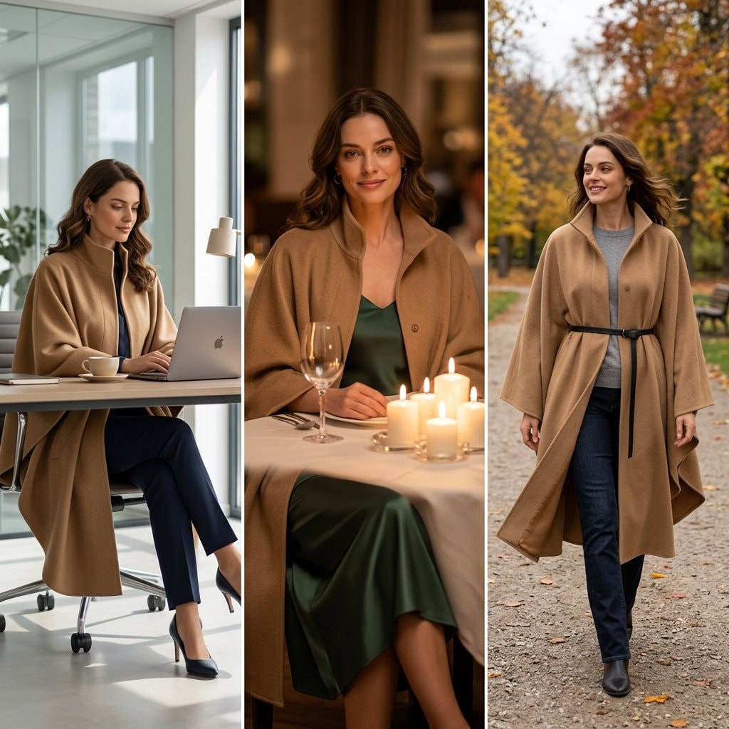 Three styling scenes show the camel cape coat worn at a desk, over a dress at dinner, and belted with jeans outdoors.