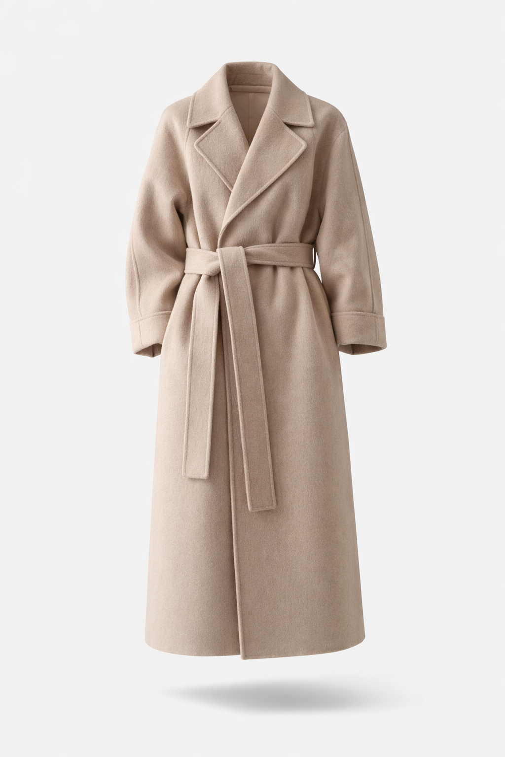 Light taupe long wrap coat with wide lapel collar, long sleeves, and matching belt tied at the waist.