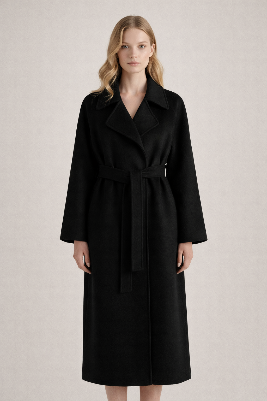 Model wearing a black long wrap coat with a wide lapel collar and straight belt hanging at the front.