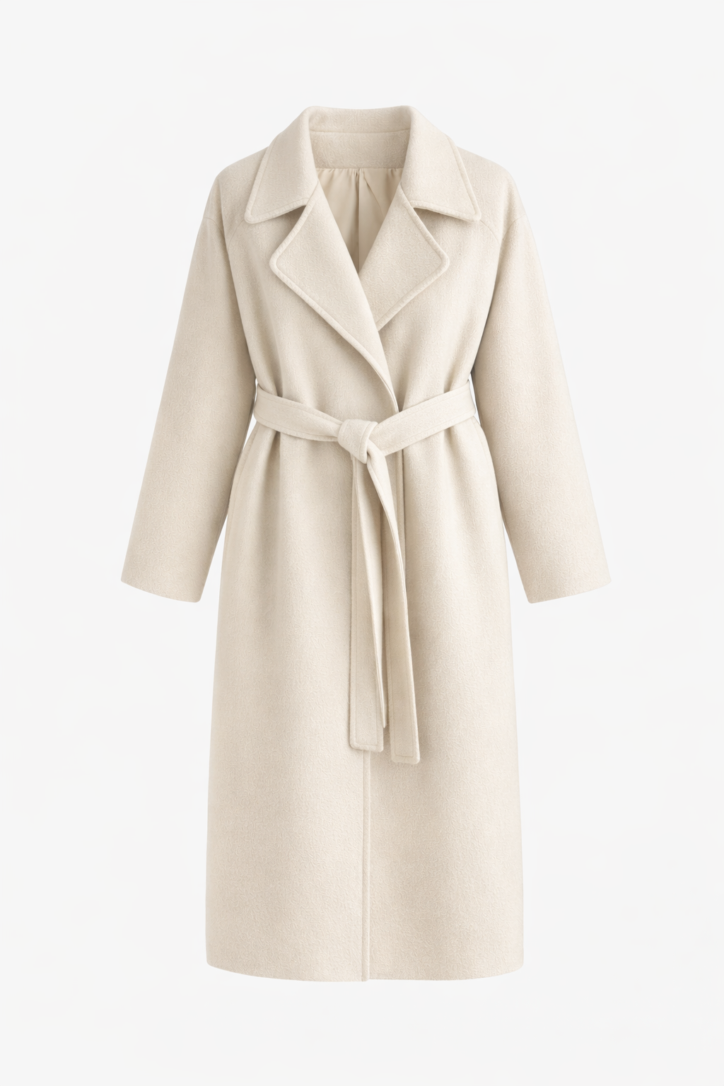 Cream long wrap coat with a matching waist belt tied in front and neatly pointed lapels.