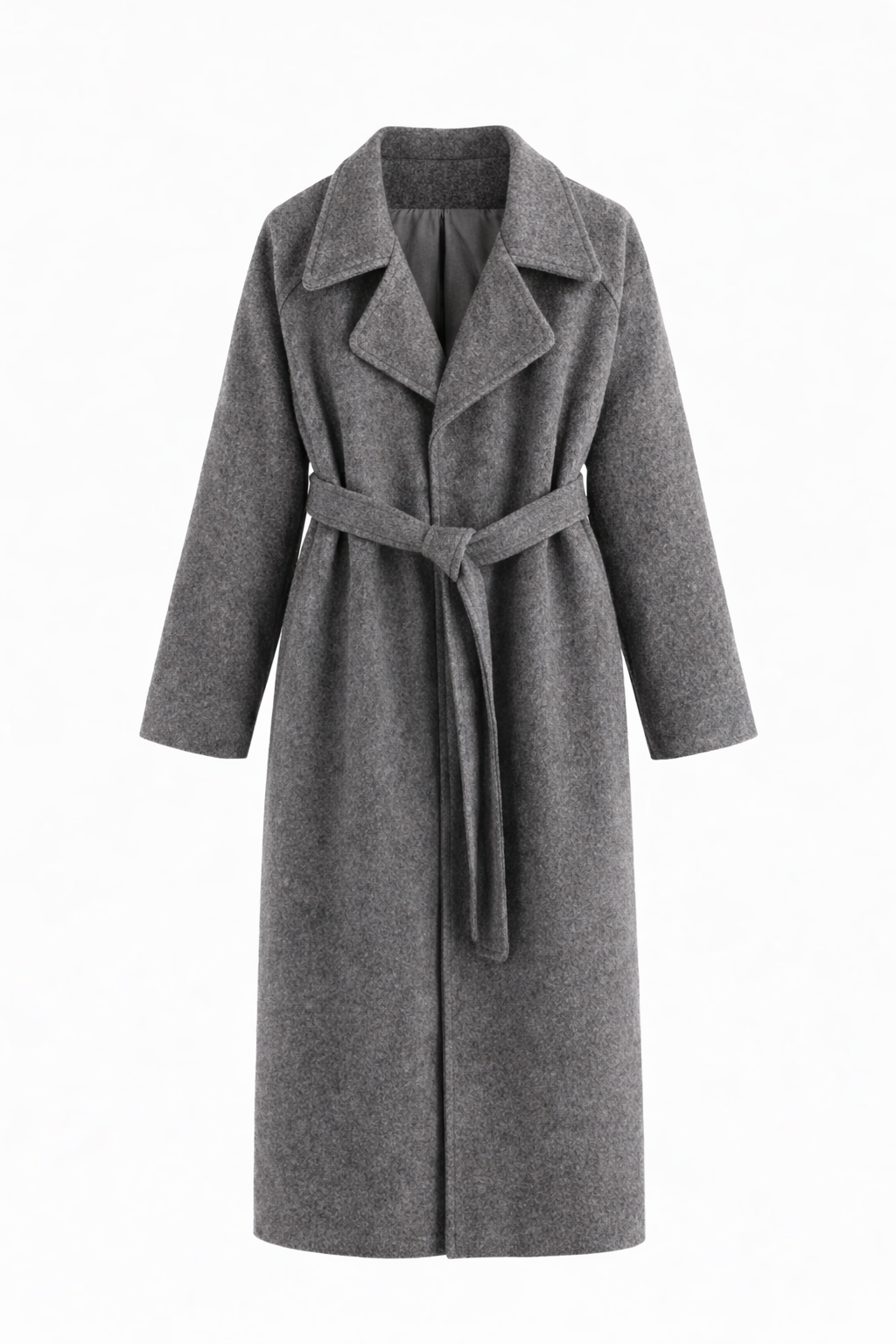 Charcoal gray long coat featuring a defined wrap front, wide lapels, and a loosely tied belt.