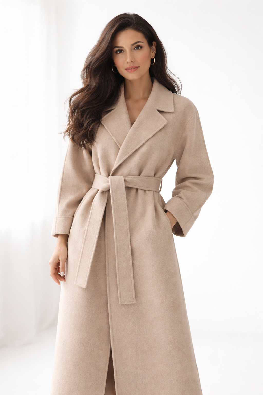 Model wearing a taupe belted wrap coat with a draped front, wide lapels, and hands in the pockets.