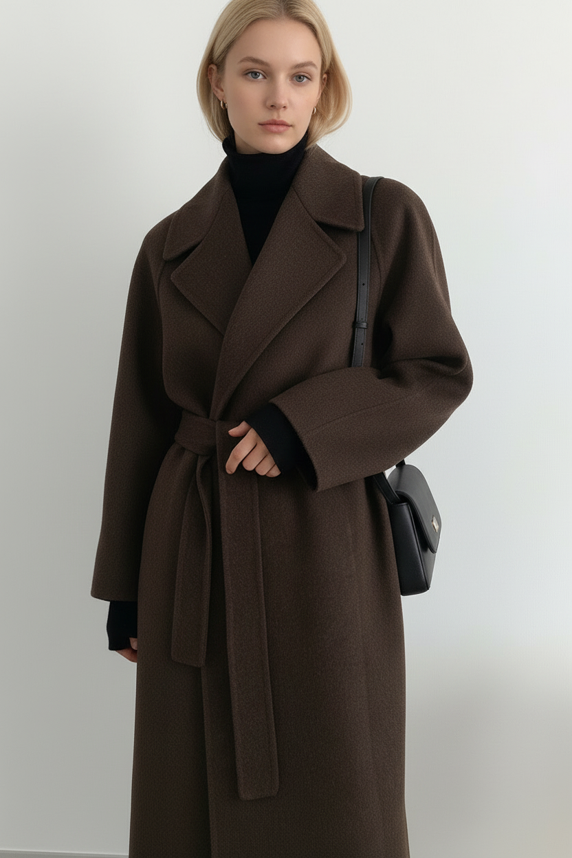 Model styling a dark brown belted wrap coat over a black top, with the long sleeves and lapel collar visible.