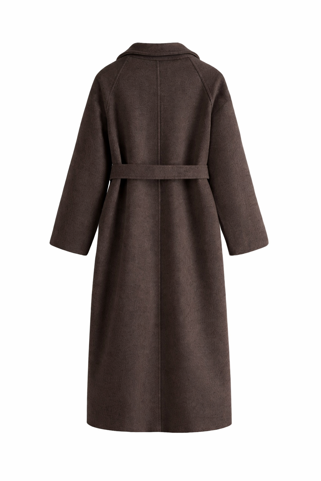 Back view of a dark brown long wrap coat showing the center seam, back belt, and full-length silhouette.
