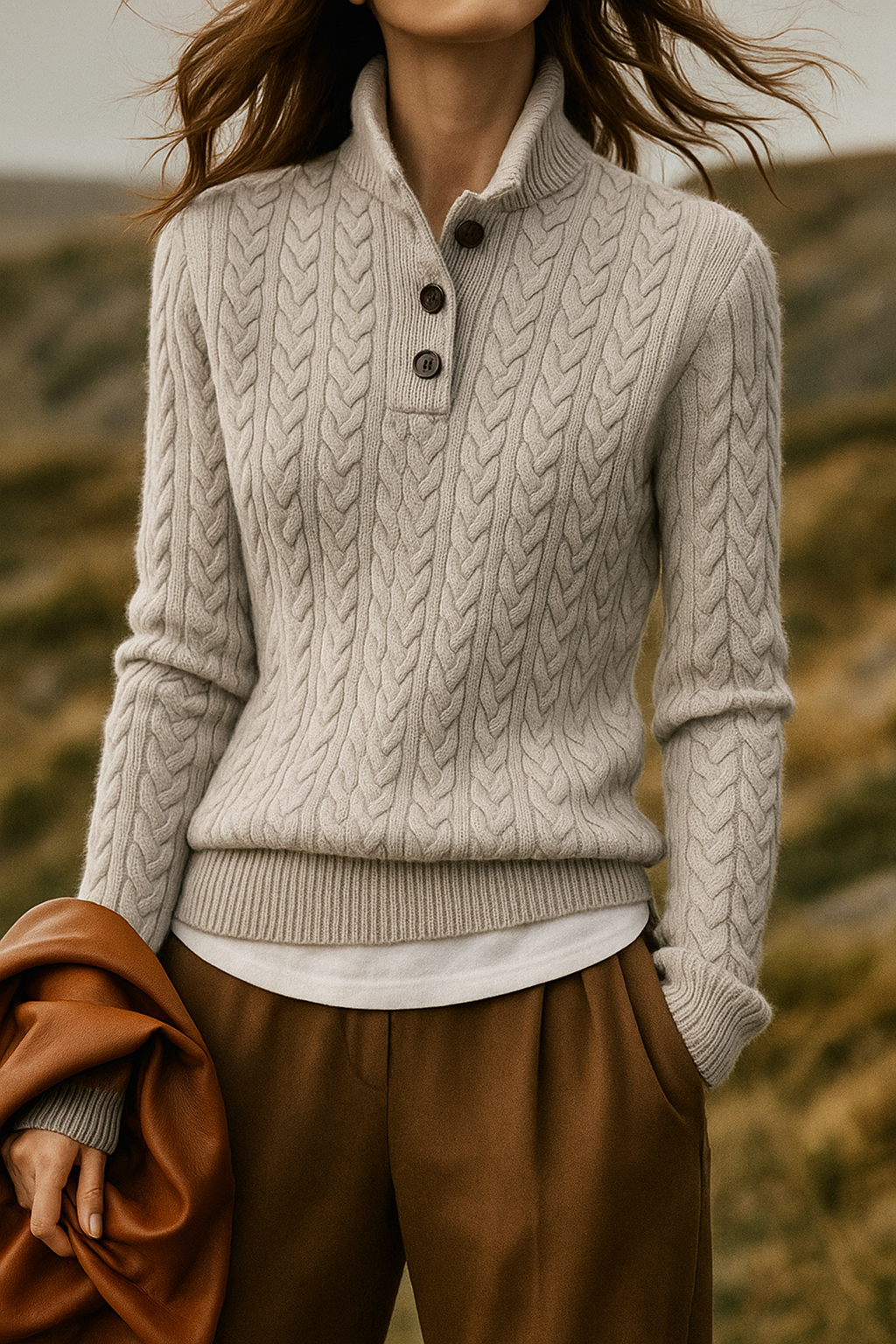 Model wearing the sweater in light gray with three collar buttons, a layered shirt hem, and ribbed cuffs.