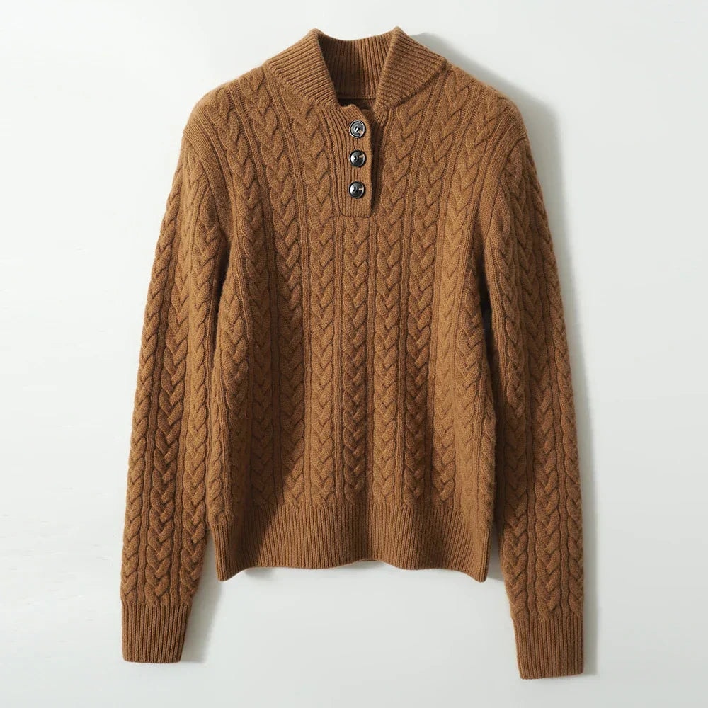 Brown cable knit button collar sweater displayed flat against a light background with its sleeves extended.