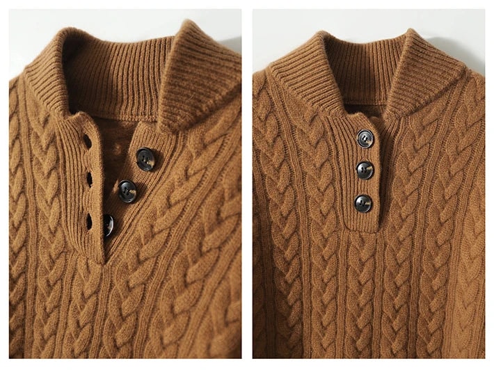 Split close-up showing the brown sweater collar and button placket in open and fastened positions.