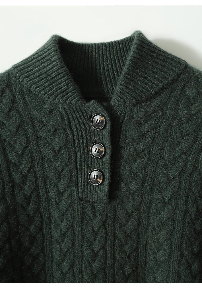 Close-up of the dark green sweater's ribbed stand collar and three-button placket.