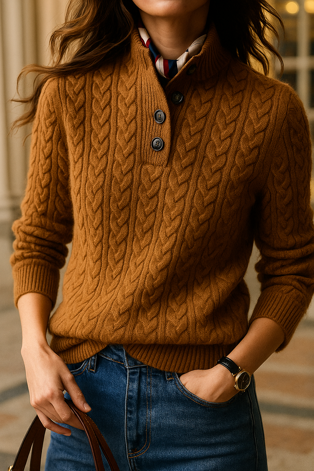 Close view of the brown sweater styled with jeans, showing its buttoned stand collar and textured cable knit front.