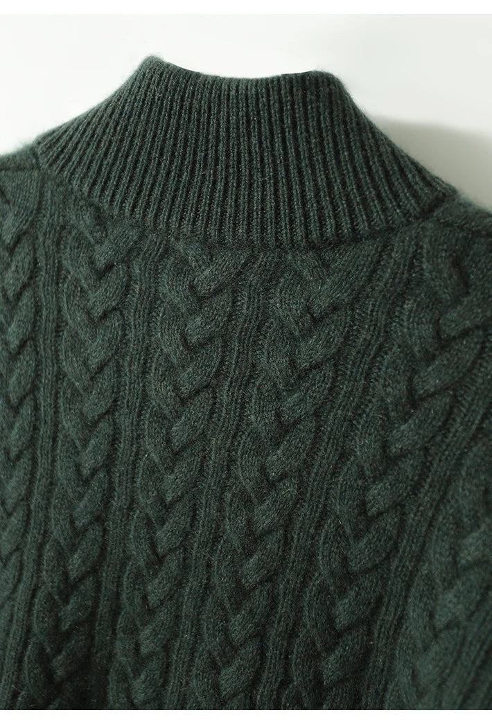 Close-up of the dark green sweater's ribbed collar viewed from the back.