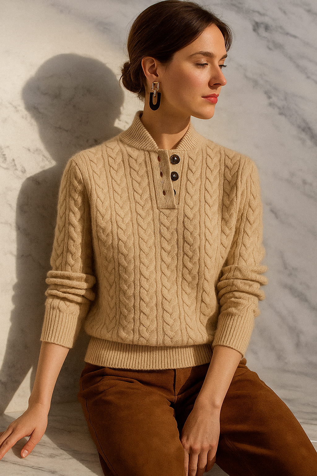 Seated model wearing the beige cable knit button collar sweater with long sleeves and a ribbed hem.