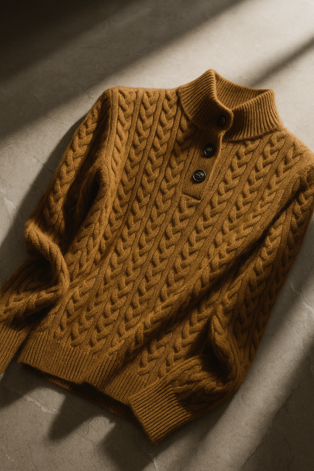 Brown cable knit button collar sweater arranged flat in angled light, showing its long sleeves, collar, and ribbed edges.