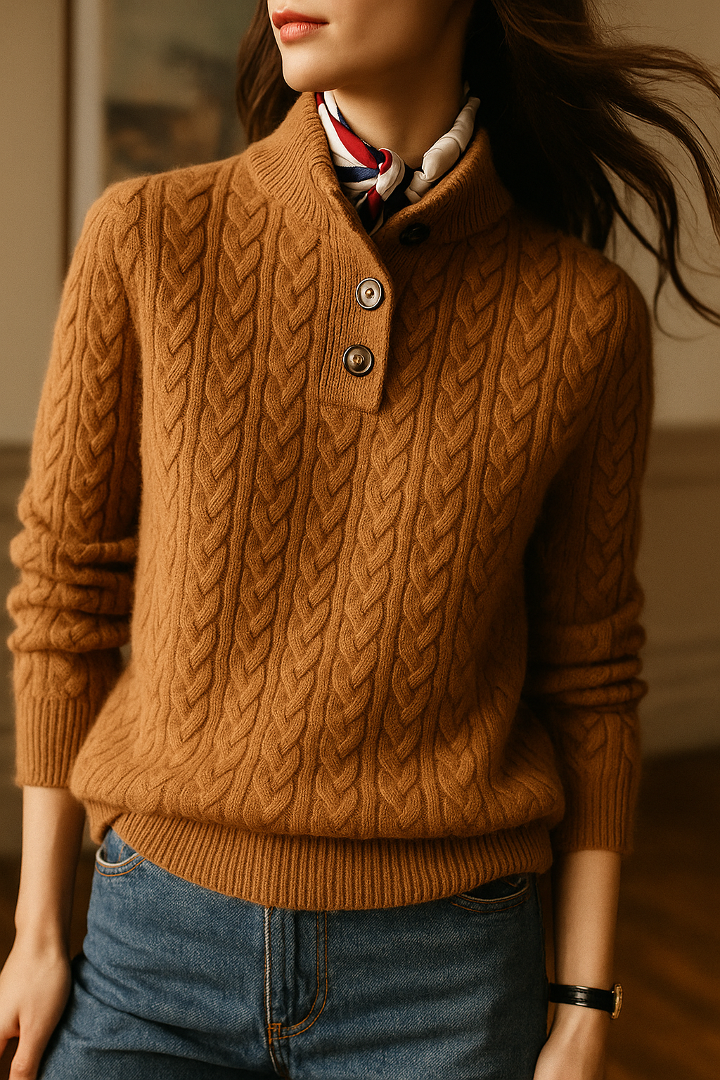 Brown cable knit sweater shown from a slightly angled front view with two visible collar buttons and ribbed hem.