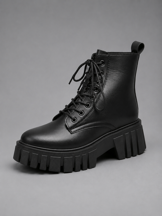 Black ankle-height combat boot shown from a front three-quarter angle with chunky platform sole, rounded toe, lace-up fastening, and deep tread.
