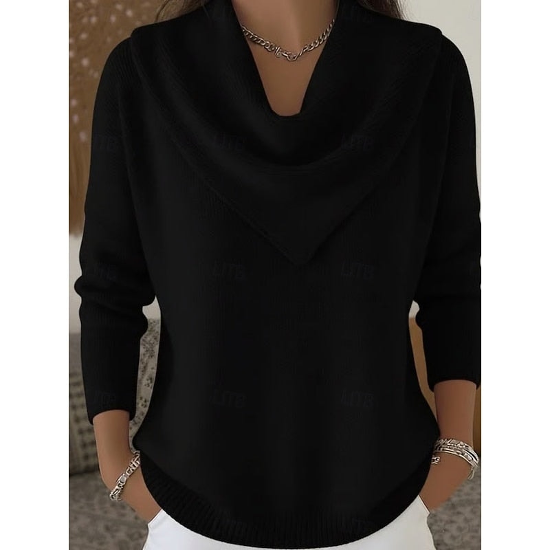 Front view of the cowl neck sweater in black, featuring the wide draped neckline and long sleeves.