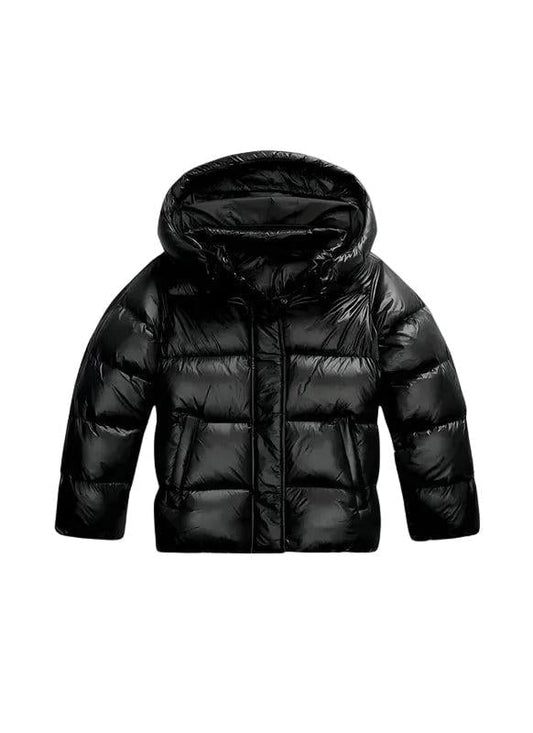 Front view of a cropped black puffer jacket with a fixed hood, raised collar, horizontal quilting, full front zipper, long sleeves, and slanted side pockets.