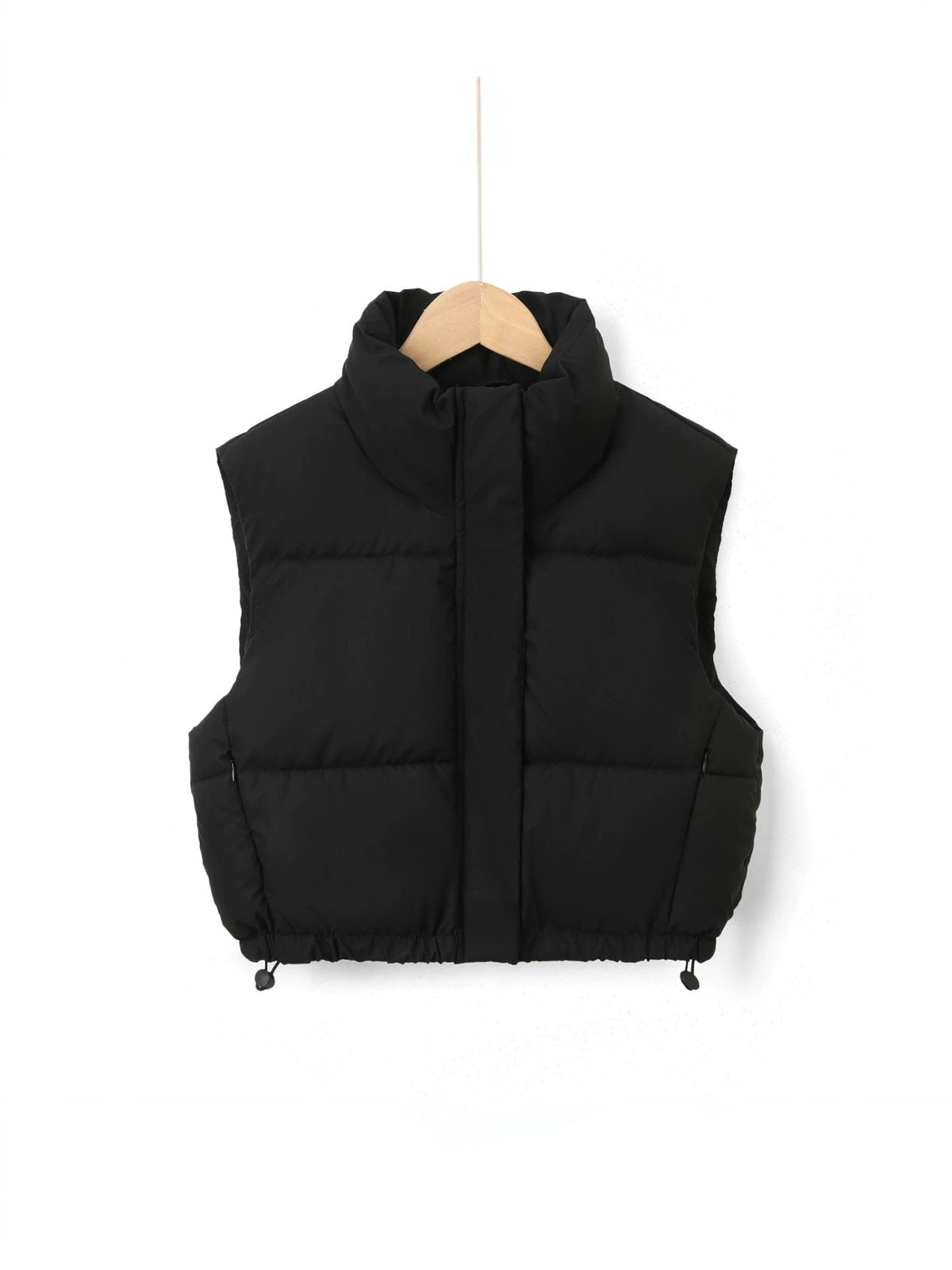 Black quilted puffer vest with a high collar, sleeveless cut, and cinched drawstring hem.