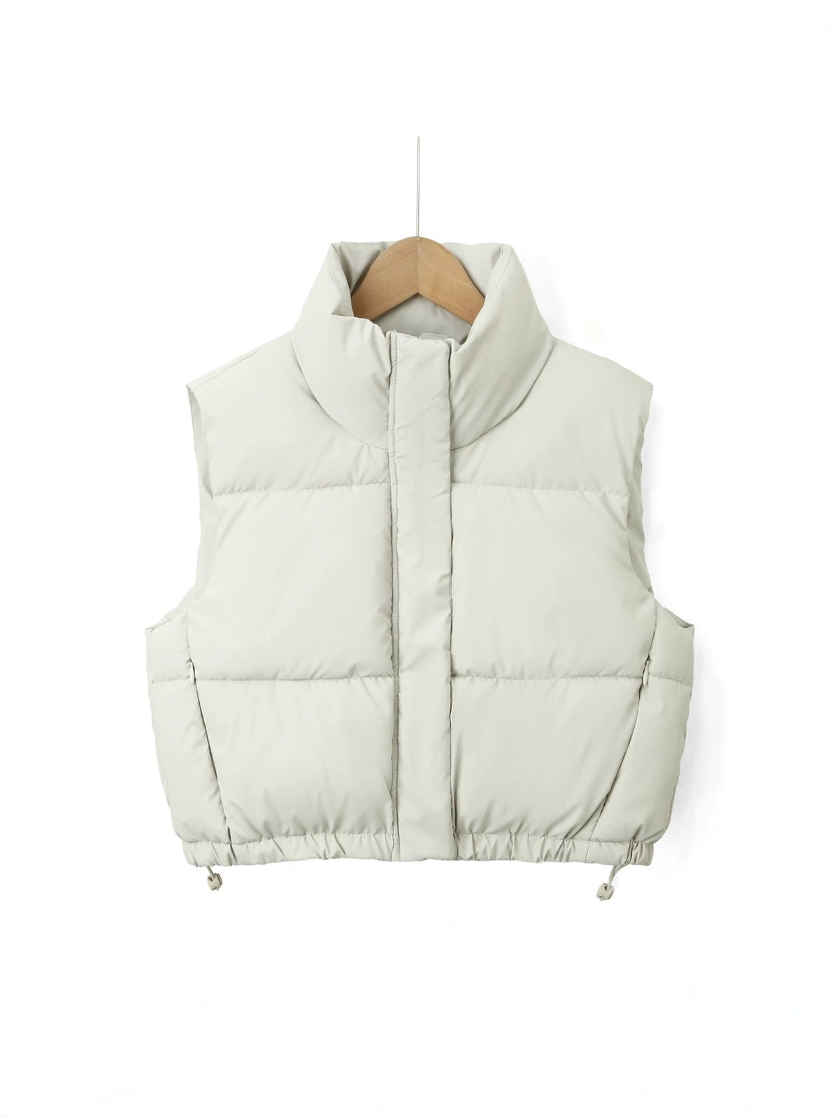 Off-white cropped vest displayed from the front with a concealed zip and horizontal padded sections.