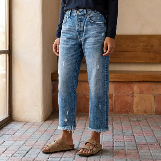 Front view of cropped blue straight-leg jeans with distressed details, five-pocket styling, and frayed hems.