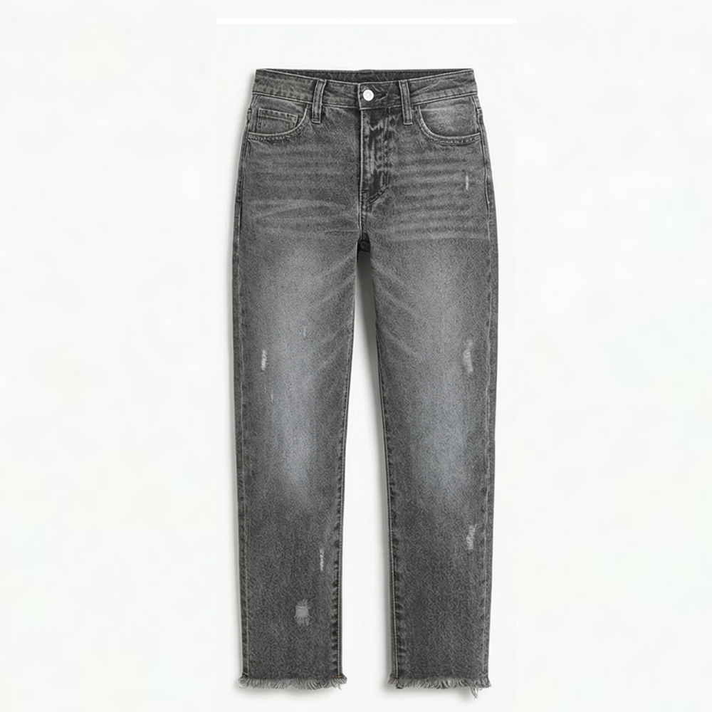 Full front view of charcoal gray cropped straight-leg jeans with subtle distressing and frayed hems.