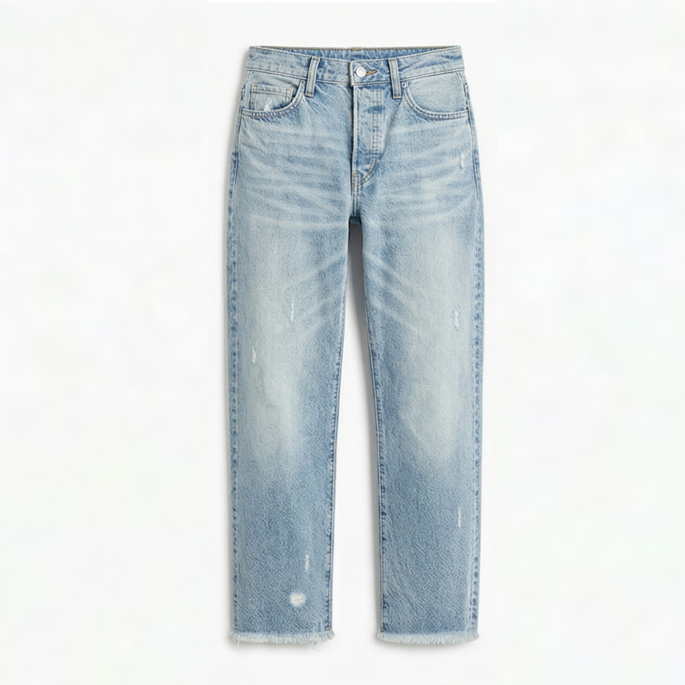 Full front view of pale blue cropped straight-leg jeans with minimal distressing and frayed hems.