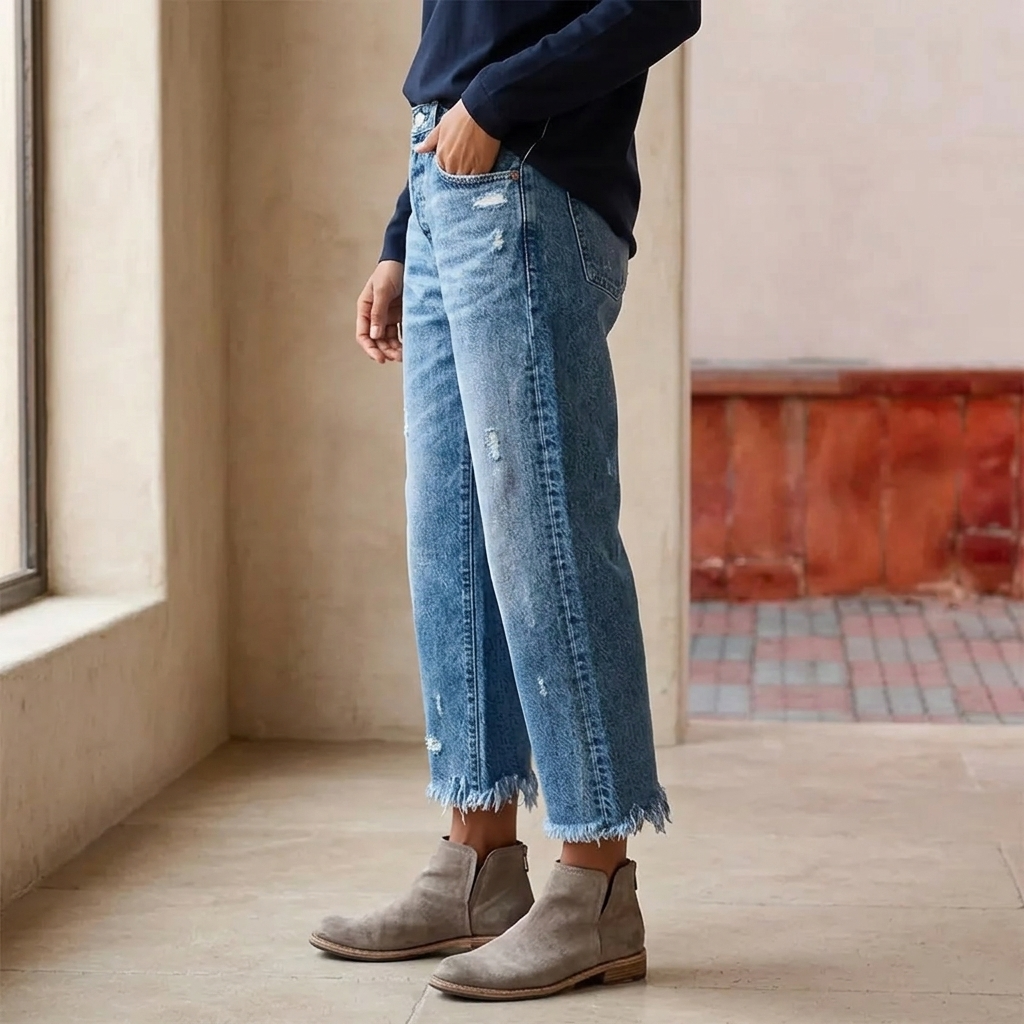 Side view of cropped blue jeans showing the relaxed straight-leg silhouette, side seam, and frayed ankle hems.