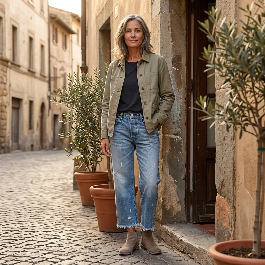 Model styling cropped straight-leg jeans with a jacket and ankle boots on a cobblestone street.