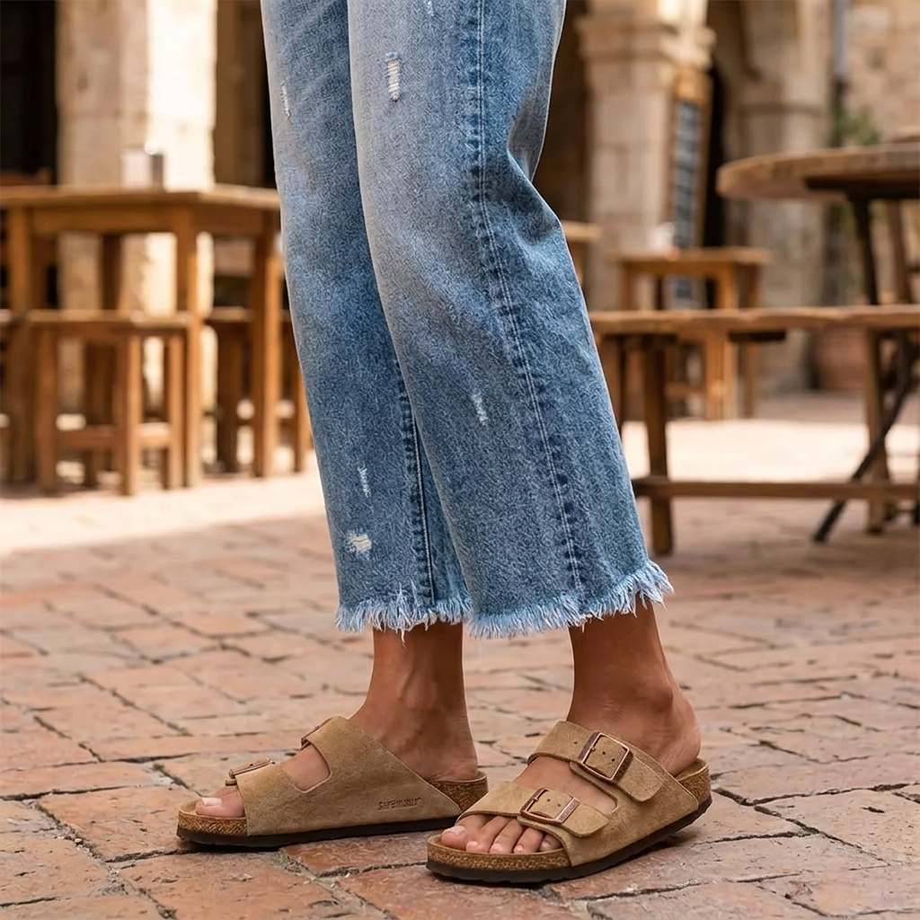 Close view of the cropped jean legs, showing distressed marks and uneven frayed hems above sandals.