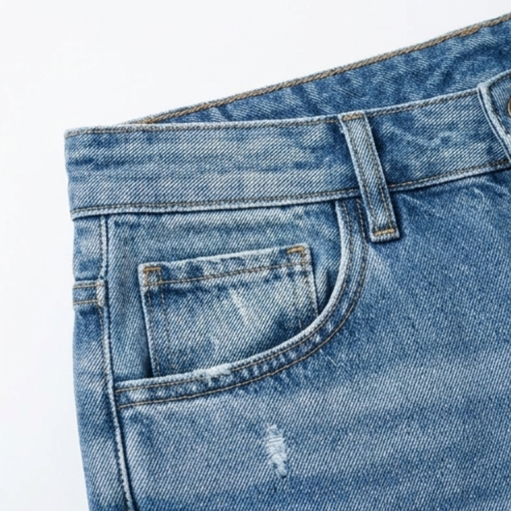 Close-up of the jeans’ front waistband, belt loop, curved front pocket, and subtle distressed mark.