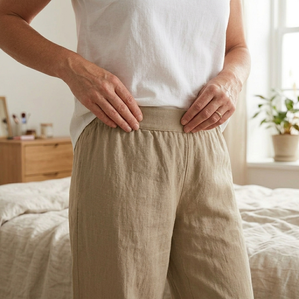 Close-up of the beige pants' gathered elastic waistband and relaxed upper fit.