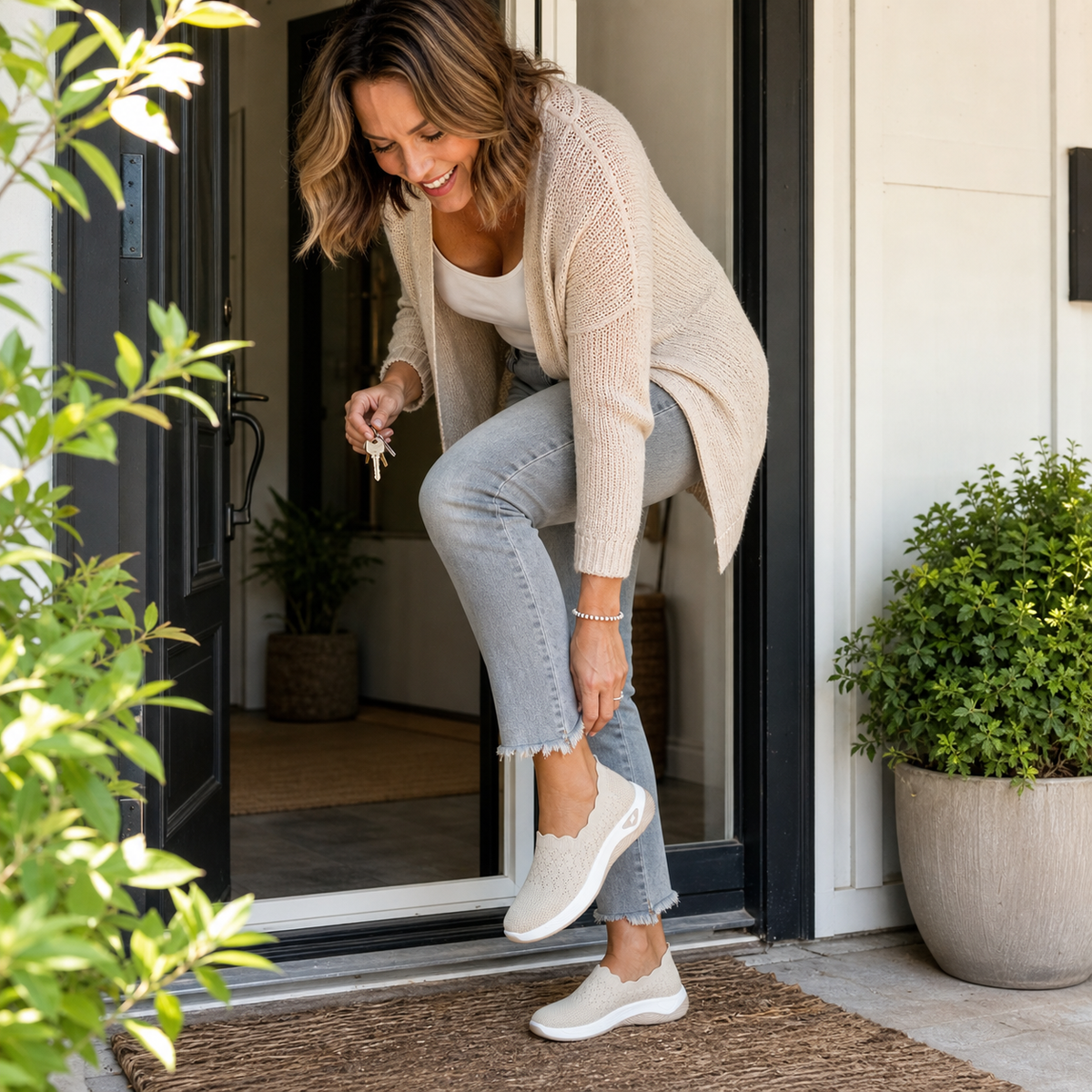 Woman putting on a beige knit slip-on shoe while standing at a doorway.
