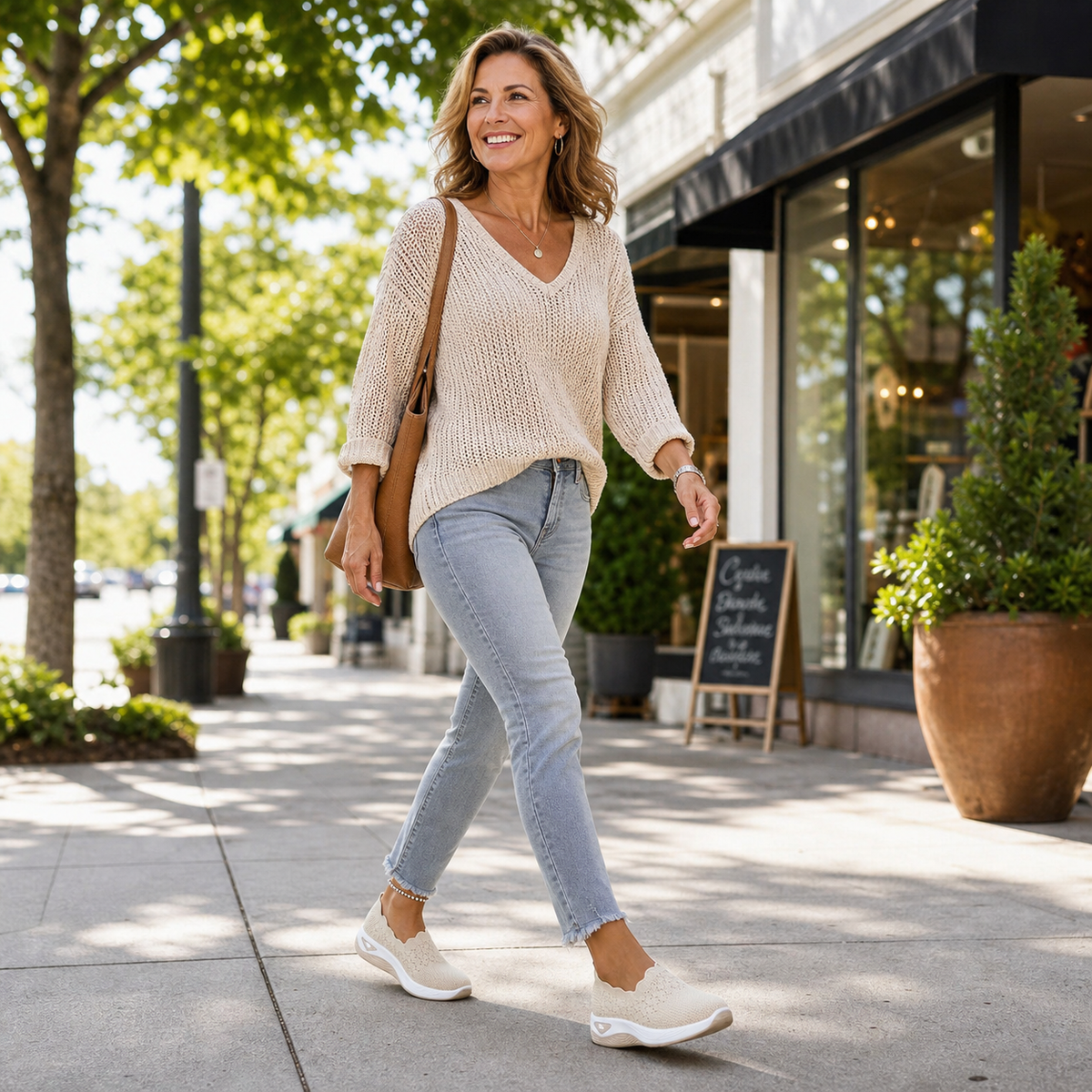 Woman walking along a sidewalk in beige knit slip-on shoes styled with jeans and a sweater.