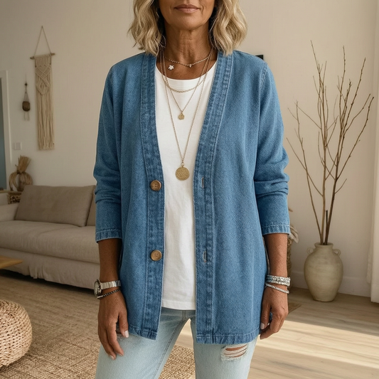 Blue denim jacket with an open front, collarless V-neckline, long cuffed sleeves, hip-length fit, and decorative front buttons, styled over a white top indoors.