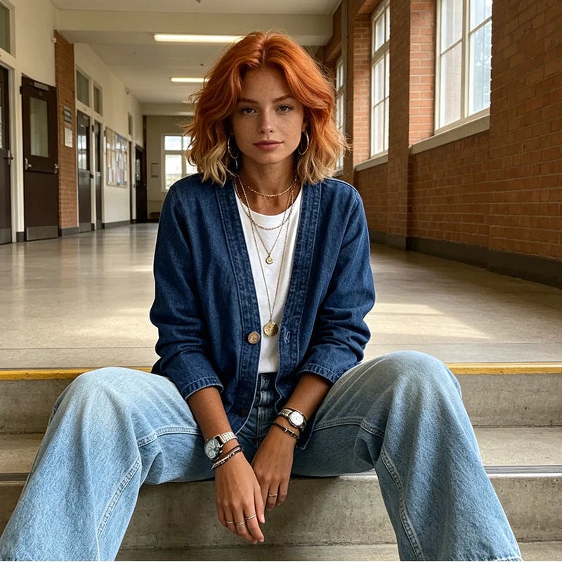 Dark blue open-front denim jacket with button details and rolled-up sleeves, worn with a white top and wide-leg jeans while seated on steps.
