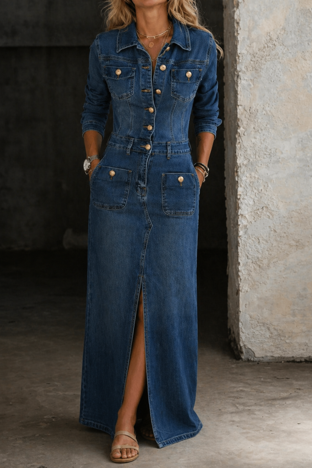 Blue denim maxi shirt dress with pointed collar, button-front closure, long sleeves, four patch pockets, defined waist, and front slit, styled with sandals.