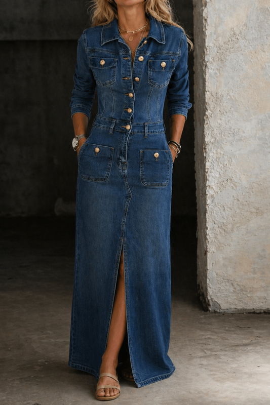 Blue denim maxi shirt dress with pointed collar, button-front closure, long sleeves, four patch pockets, defined waist, and front slit, styled with sandals.