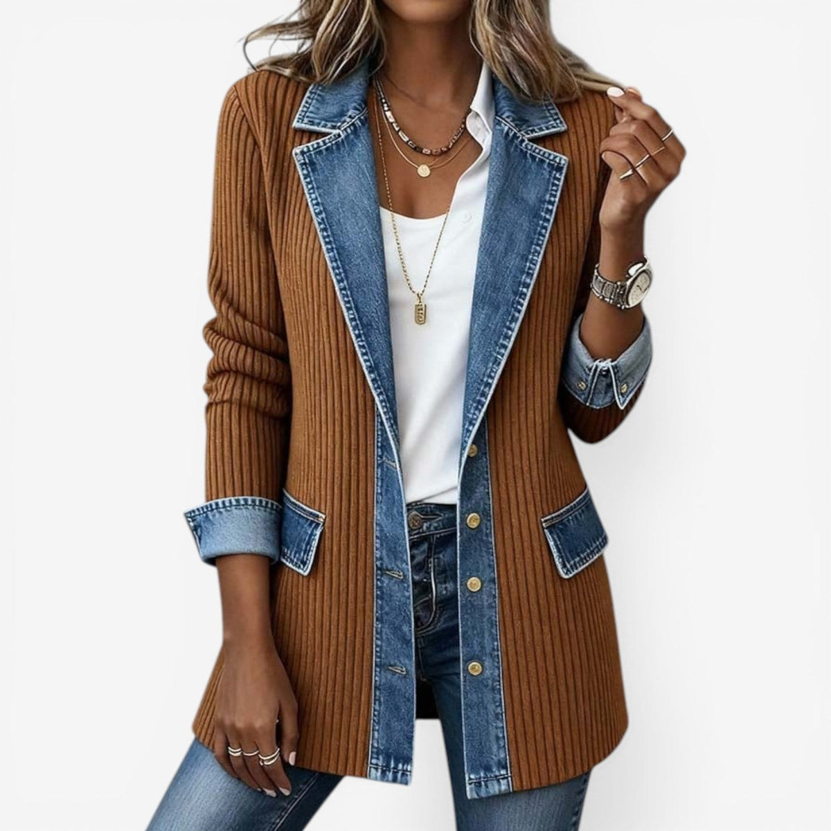 Brown ribbed longline jacket with a notched denim-look collar, blue trim, rolled cuffs, front buttons, and patch pockets.