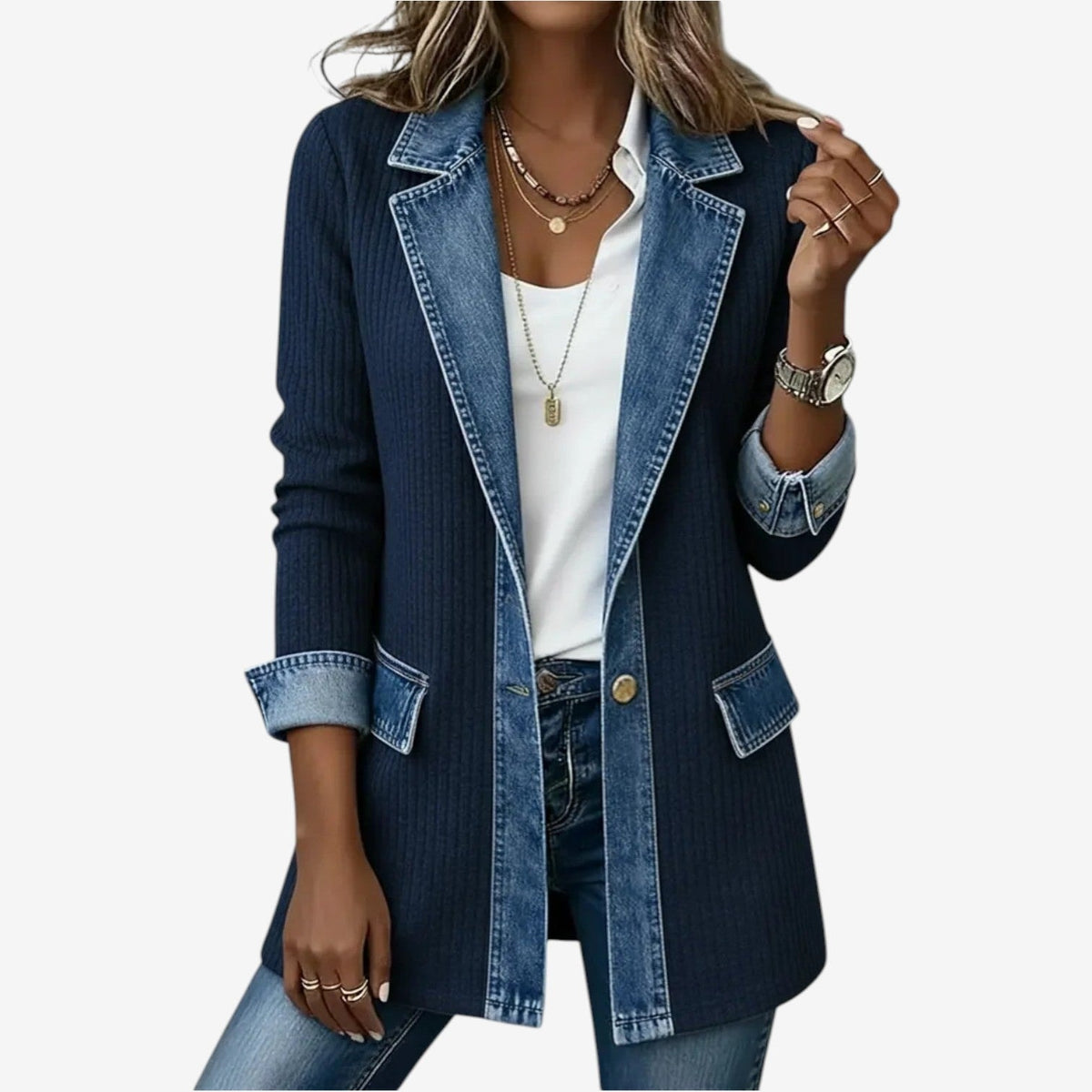 Navy longline jacket with a notched denim-look collar, blue trim, rolled three-quarter cuffs, front buttons, and patch pockets.