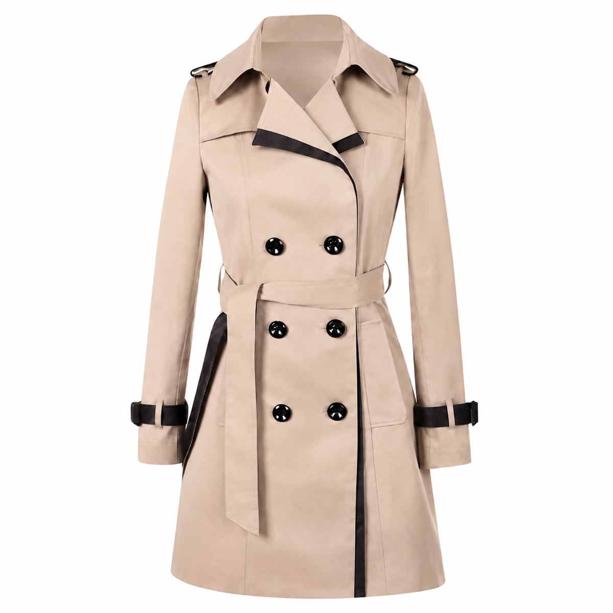 Front view of a beige knee-length trench coat with dark contrast trim, wide lapels, double-breasted buttons, tied waist belt, shoulder epaulettes, and buckled cuffs.