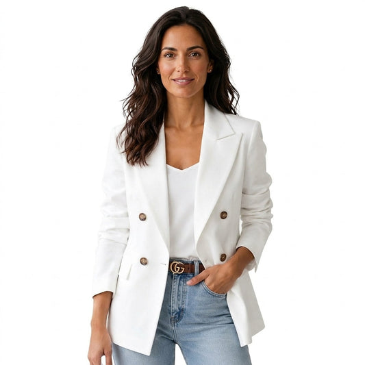 Front view of a white double-breasted blazer with notch lapels, long ruched sleeves, two rows of buttons, and flap pockets styled with jeans.