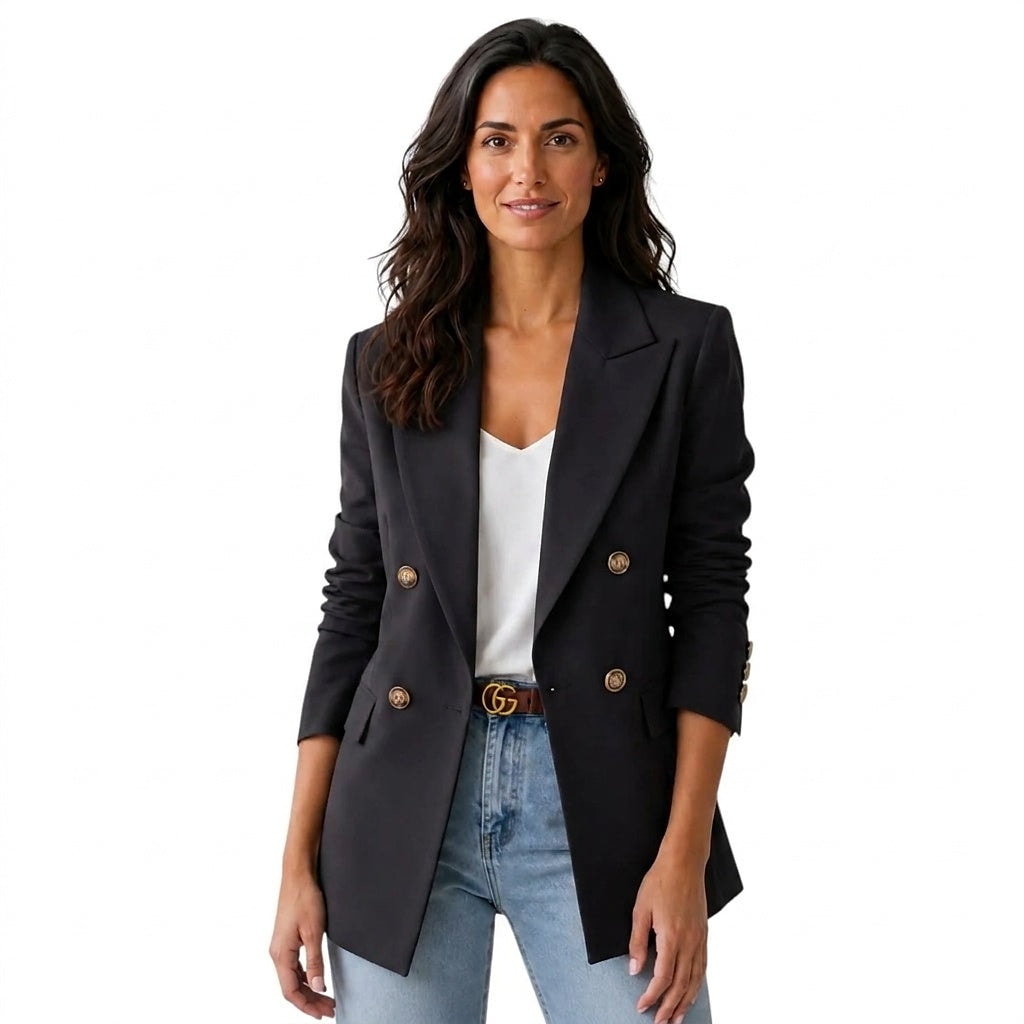 Front view of a black double-breasted blazer with notch lapels, four visible buttons, long ruched sleeves, and flap pockets.
