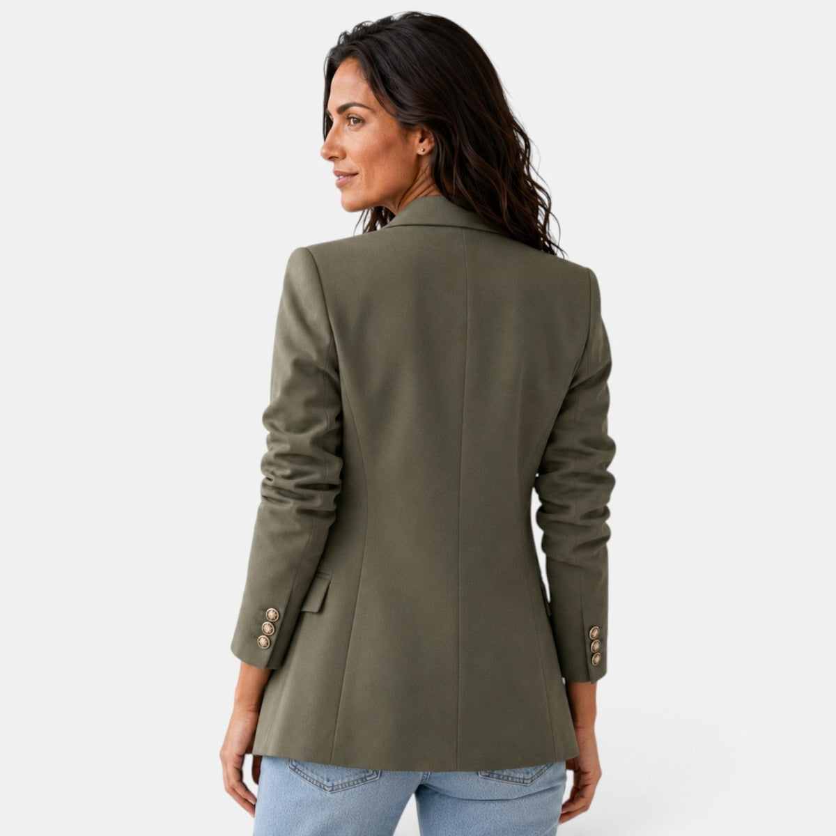 Back view of the olive green blazer showing the center seam, shaped waist, straight hem, and buttoned sleeve cuffs.