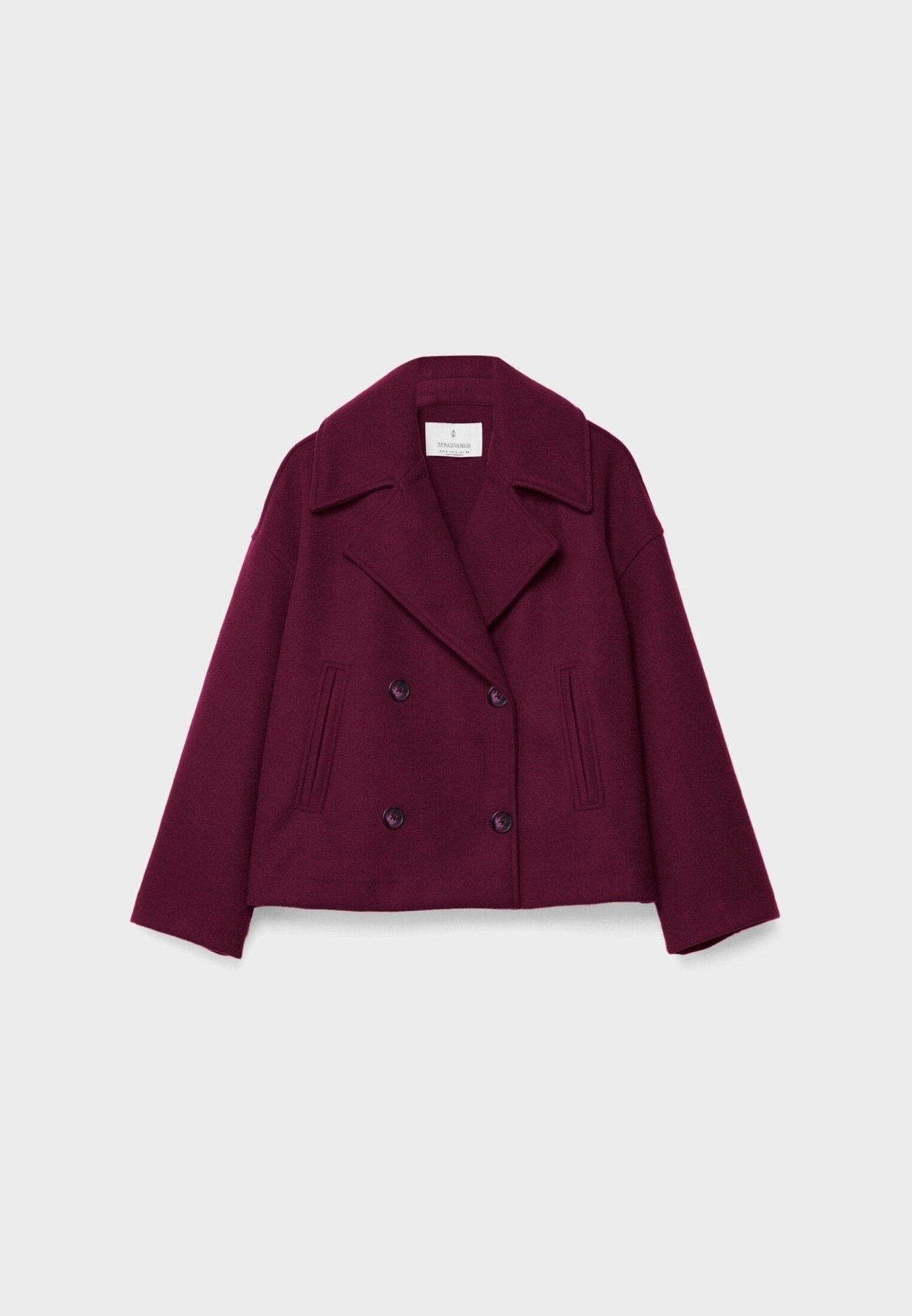 Burgundy cropped jacket shown flat from the front with wide lapels, four buttons, and slanted pockets.