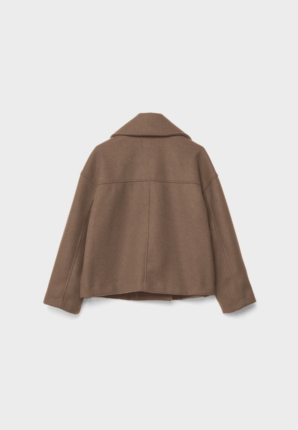Brown cropped jacket shown from the back, with visible yoke stitching and a centered vertical seam.