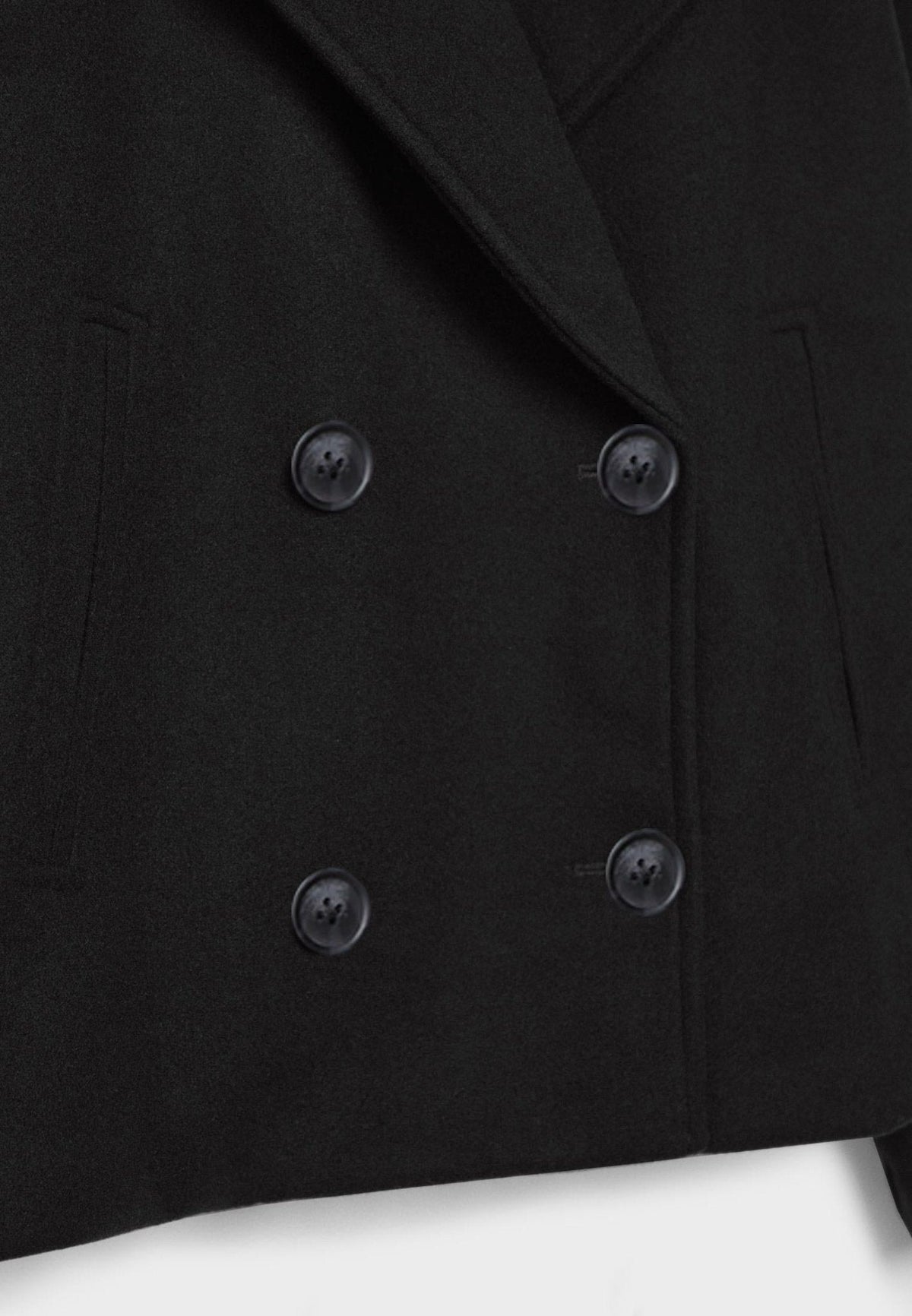 Close-up of the black jacket showing four dark buttons, the overlapping front closure, and pocket openings.